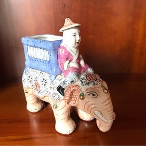 Vtg Porcelain Oriental Planter Elephant w/Rider Figurine Hand Painted OO…
